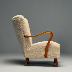 Swedish Mid Century Modern Lounge Chairs Beige Sheepskin Oak Sweden 1940s - 3952738