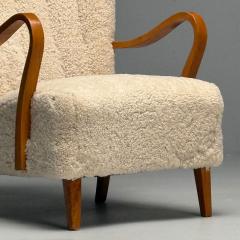 Swedish Mid Century Modern Lounge Chairs Beige Sheepskin Oak Sweden 1940s - 3952742