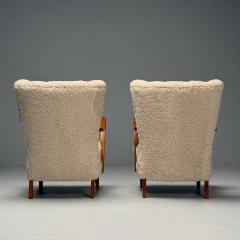 Swedish Mid Century Modern Lounge Chairs Beige Sheepskin Oak Sweden 1940s - 3952750