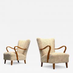 Swedish Mid Century Modern Lounge Chairs Beige Sheepskin Oak Sweden 1940s - 3953661