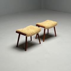 Swedish Mid Century Modern Stools Honey Sheepskin Walnut Sweden 1970s - 3654909