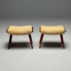 Swedish Mid Century Modern Stools Honey Sheepskin Walnut Sweden 1970s - 3654912