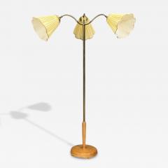 Swedish Modern Adjustable Floor Lamp Birch Brass Silk Sweden 1950s - 4789861