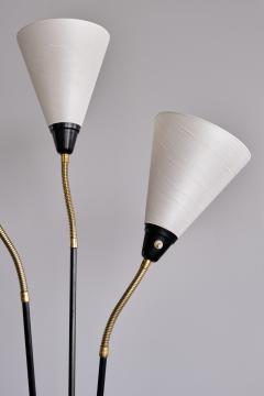 Swedish Modern Adjustable Three Arm Floor Lamp in Metal Brass and Silk 1950s - 3335012