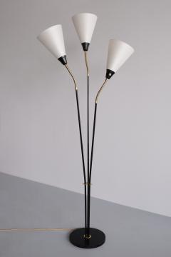 Swedish Modern Adjustable Three Arm Floor Lamp in Metal Brass and Silk 1950s - 3335013