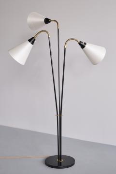 Swedish Modern Adjustable Three Arm Floor Lamp in Metal Brass and Silk 1950s - 3335015