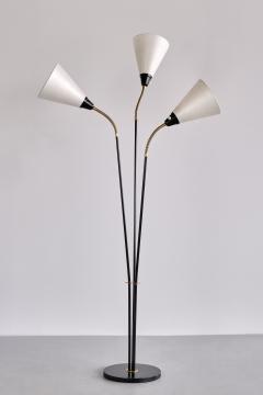 Swedish Modern Adjustable Three Arm Floor Lamp in Metal Brass and Silk 1950s - 3335017