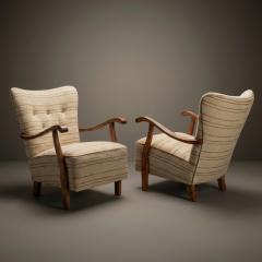Swedish Modern Arm Lounge Chairs in Linen Birch Pair - 4456714
