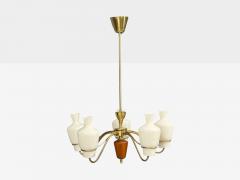Swedish Modern Chandelier Brass Mahogany Glass Sweden 1940s - 4760676