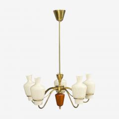 Swedish Modern Chandelier Brass Mahogany Glass Sweden 1940s - 4762156