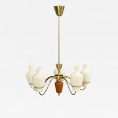 Swedish Modern Chandelier Brass Mahogany Glass Sweden 1940s - 4762157