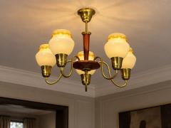 Swedish Modern Chandelier Brass Wood Yellow Glass Sweden 1950s - 4791075