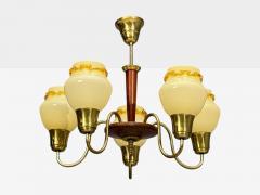 Swedish Modern Chandelier Brass Wood Yellow Glass Sweden 1950s - 4791078