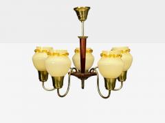 Swedish Modern Chandelier Brass Wood Yellow Glass Sweden 1950s - 4791079