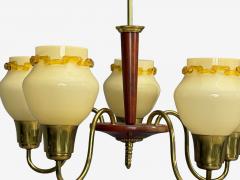 Swedish Modern Chandelier Brass Wood Yellow Glass Sweden 1950s - 4791080