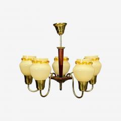 Swedish Modern Chandelier Brass Wood Yellow Glass Sweden 1950s - 4791180