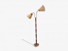 Swedish Modern Double Light Floor Lamp Wood Brass Fabric Sweden 1950s - 4816262