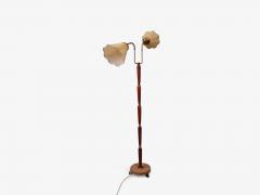 Swedish Modern Double Light Floor Lamp Wood Brass Fabric Sweden 1950s - 4816263
