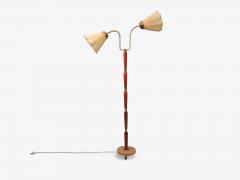 Swedish Modern Double Light Floor Lamp Wood Brass Fabric Sweden 1950s - 4816264