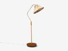 Swedish Modern Floor Lamp Elm Brass Cord Beige Fabric Sweden 1940s - 4763955
