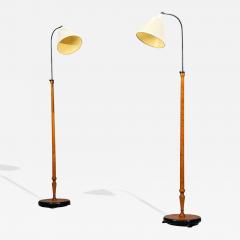 Swedish Modern Floor Lamps Burl Ebonized Wood Fabric Sweden 1940s - 4764924