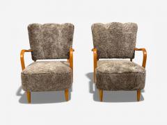 Swedish Modern Lounge Chairs Elm Gray Shearling Sweden 1940s - 4480058