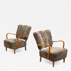 Swedish Modern Lounge Chairs Elm Gray Shearling Sweden 1940s - 4483525