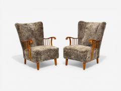 Swedish Modern Lounge Chairs Elm Gray Shearling Sweden 1940s - 4555337
