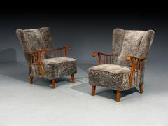 Swedish Modern Lounge Chairs Elm Gray Shearling Sweden 1940s - 4555340