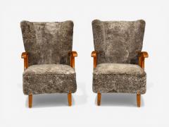 Swedish Modern Lounge Chairs Elm Gray Shearling Sweden 1940s - 4555341