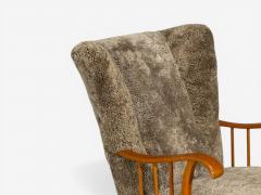 Swedish Modern Lounge Chairs Elm Gray Shearling Sweden 1940s - 4555346
