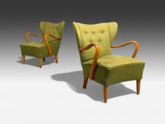 Swedish Modern Lounge Chairs Elm Green Fabric Sweden 1930s - 4491888