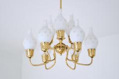 Swedish Modern Nine Arm Chandelier in Brass and Decorated Opal Glass 1950s - 4032177