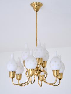 Swedish Modern Nine Arm Chandelier in Brass and Decorated Opal Glass 1950s - 4032178