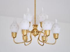 Swedish Modern Nine Arm Chandelier in Brass and Decorated Opal Glass 1950s - 4032180