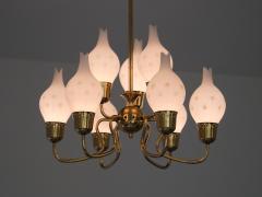 Swedish Modern Nine Arm Chandelier in Brass and Decorated Opal Glass 1950s - 4032184
