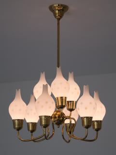 Swedish Modern Nine Arm Chandelier in Brass and Decorated Opal Glass 1950s - 4032185