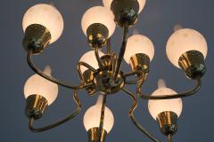 Swedish Modern Nine Arm Chandelier in Brass and Decorated Opal Glass 1950s - 4032187