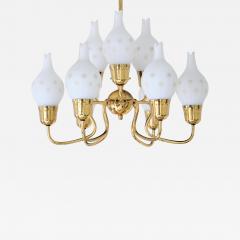 Swedish Modern Nine Arm Chandelier in Brass and Decorated Opal Glass 1950s - 4034103
