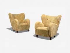 Swedish Modern Organic Lounge Chairs Shearling Wood Sweden 1940s - 4493792