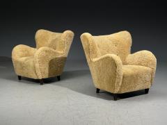 Swedish Modern Organic Lounge Chairs Shearling Wood Sweden 1940s - 4493793