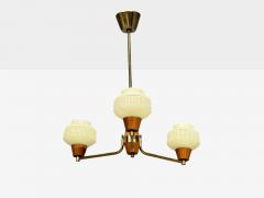 Swedish Modern Pendant Light Brass Teak Textured Glass Sweden 1950s - 4788587
