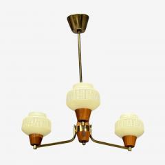 Swedish Modern Pendant Light Brass Teak Textured Glass Sweden 1950s - 4789853