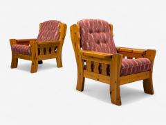 Swedish Modern Pine Red Fabric Brutalist Lounge Chairs Sweden 1950s - 4357723