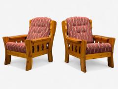 Swedish Modern Pine Red Fabric Brutalist Lounge Chairs Sweden 1950s - 4357724