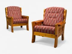 Swedish Modern Pine Red Fabric Brutalist Lounge Chairs Sweden 1950s - 4357725
