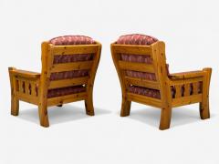 Swedish Modern Pine Red Fabric Brutalist Lounge Chairs Sweden 1950s - 4357729
