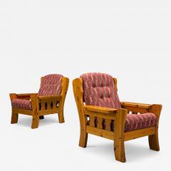 Swedish Modern Pine Red Fabric Brutalist Lounge Chairs Sweden 1950s - 4358400