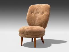 Swedish Modern Slipper Chair Brown Sheepskin Birch Sweden 1950s - 4448294