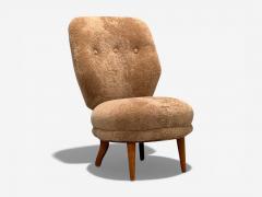 Swedish Modern Slipper Chair Brown Sheepskin Birch Sweden 1950s - 4448295